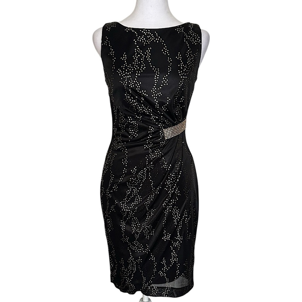 Le Chateau Black Gold Formal Sheath Dress Size XS Rhinestones Party Wedding Y2K